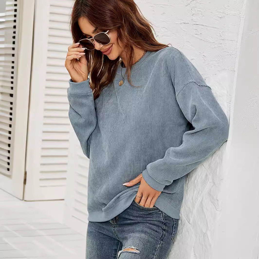 Corduroy Pullover Sweatshirt Casual Fashion Solid Round Neck Long-sleeved Tops Spring And Autumn Clothing For Women Forge Maison