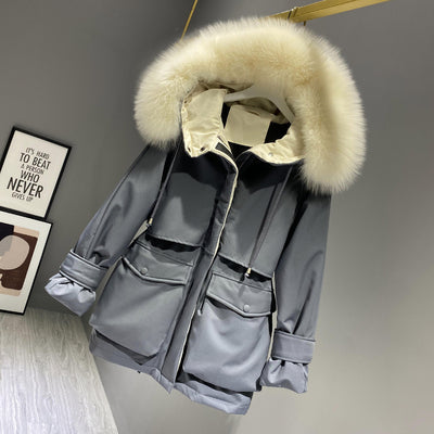 Fashion Hooded Faux Fur Collar Women's Clothing Big Pocket Down Jacket Female Winter Coat Woman Forge Maison