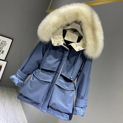 Fashion Hooded Faux Fur Collar Women's Clothing Big Pocket Down Jacket Female Winter Coat Woman Forge Maison