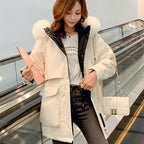 Fashion Hooded Faux Fur Collar Women's Clothing Big Pocket Down Jacket Female Winter Coat Woman Forge Maison