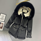 Fashion Hooded Faux Fur Collar Women's Clothing Big Pocket Down Jacket Female Winter Coat Woman Forge Maison