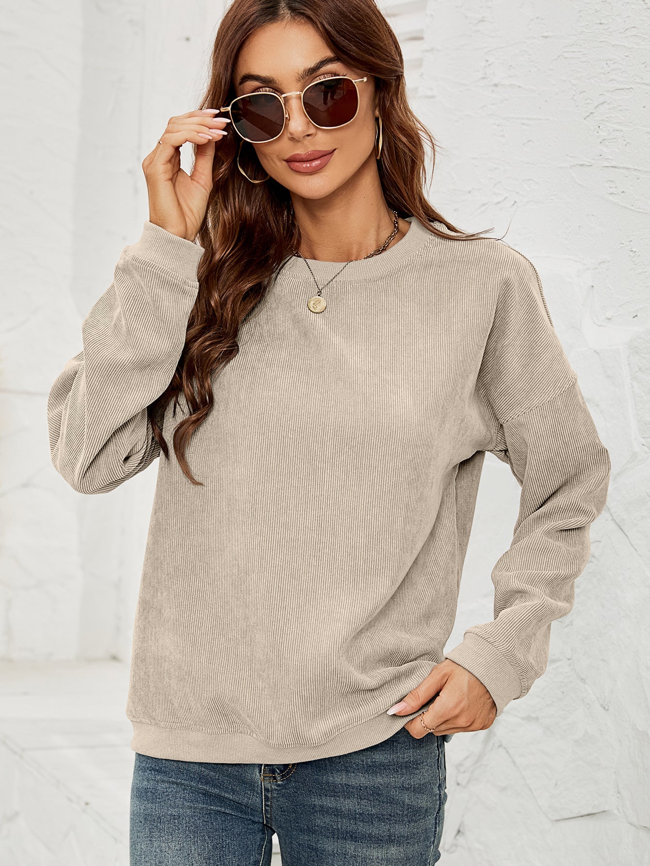 Corduroy Pullover Sweatshirt Casual Fashion Solid Round Neck Long-sleeved Tops Spring And Autumn Clothing For Women Forge Maison