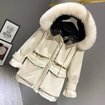 Fashion Hooded Faux Fur Collar Women's Clothing Big Pocket Down Jacket Female Winter Coat Woman Forge Maison