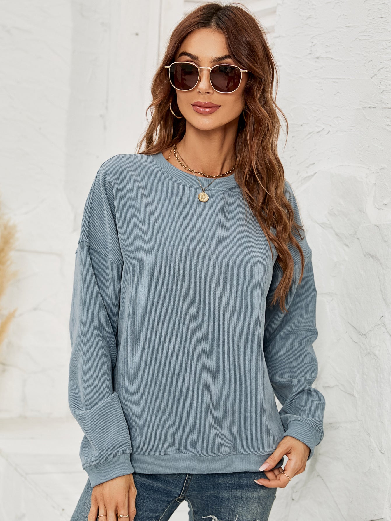 Corduroy Pullover Sweatshirt Casual Fashion Solid Round Neck Long-sleeved Tops Spring And Autumn Clothing For Women Forge Maison