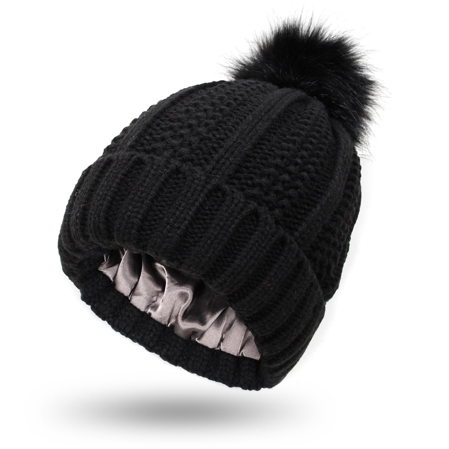 Winter Knitted Hats Fashion Stretchy Lined Skull Hats For Women Faux Fur Pom Pom Hat Keep Warming Beanie Hat Forge Maison