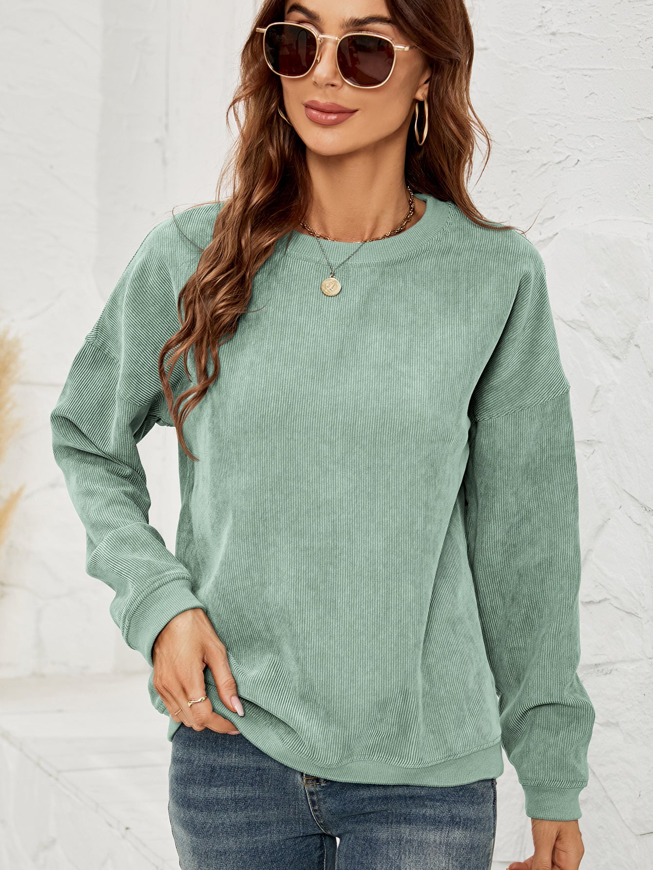 Corduroy Pullover Sweatshirt Casual Fashion Solid Round Neck Long-sleeved Tops Spring And Autumn Clothing For Women Forge Maison